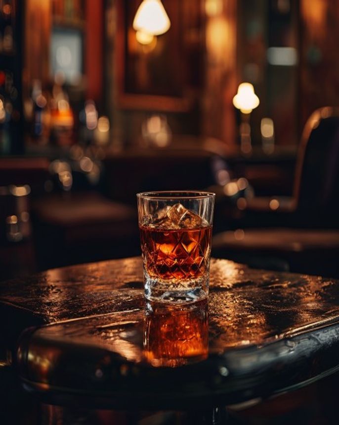 Vaso de whisky en mesa de cuero oscuro